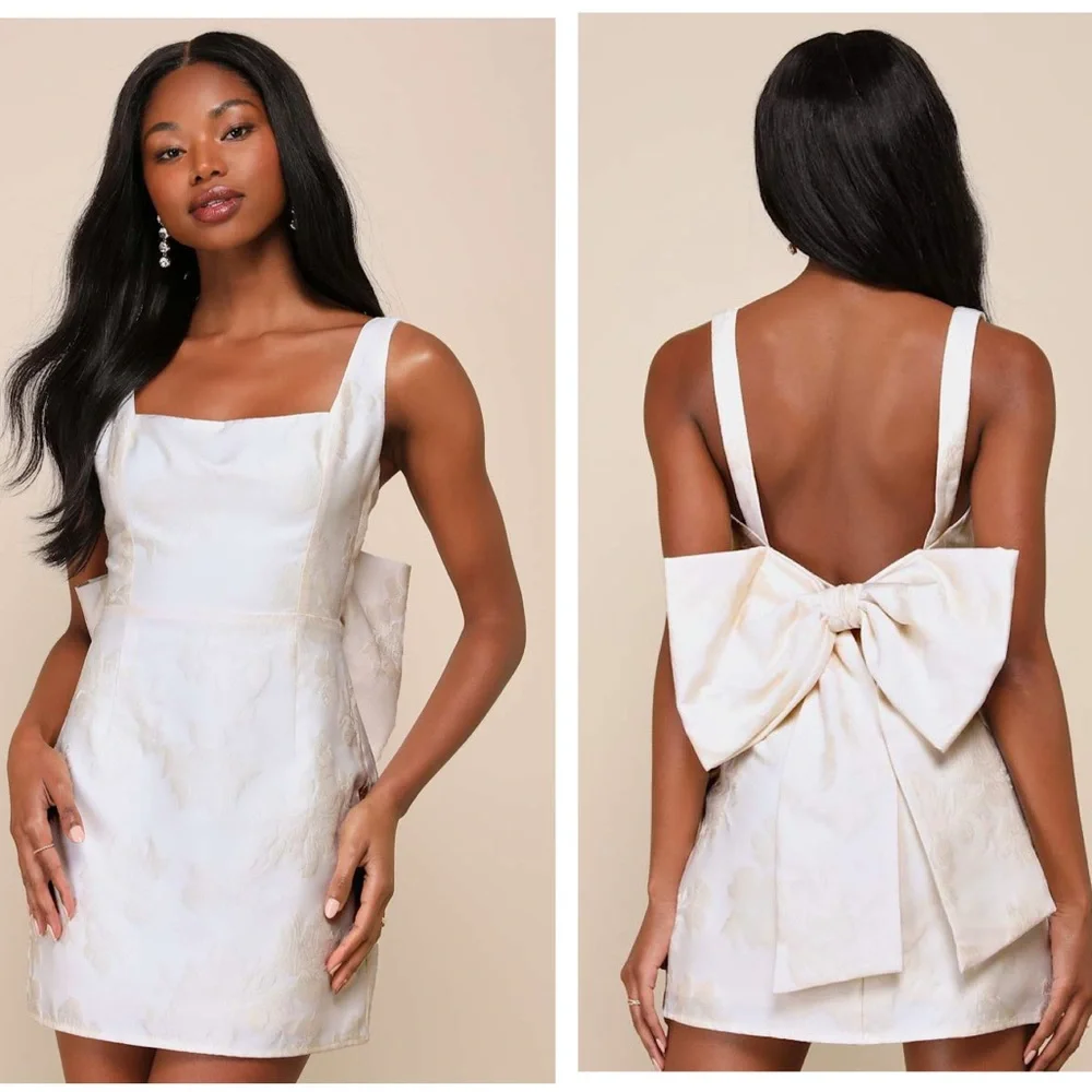 Lulus Flirtatious Poise Ivory Jacquard Bow Back Mini Dress Size Large NWT Bridal - Picture 1 of 11